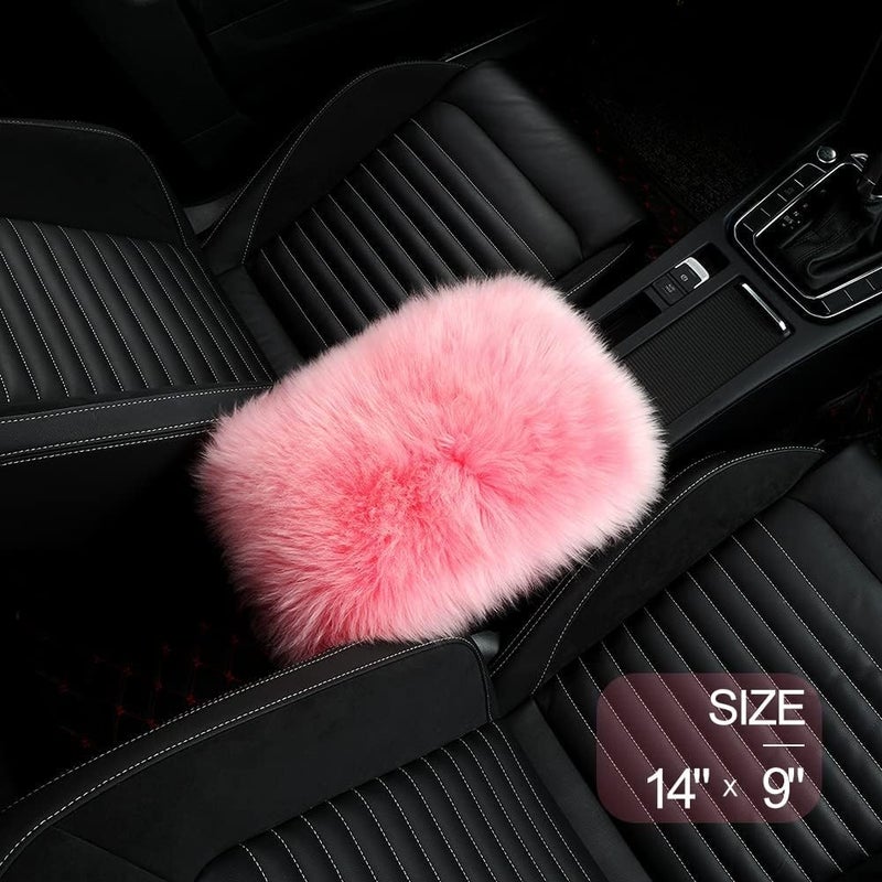 LLB Auto Center Console Cover Pad Universal Fit for SUV/Truck/Car, Genuine Sheepskin Wool Fur Car Armrest Seat Box Cover, Furry Fluffy Auto Armrest Cover Protector (Pink) - Image 2